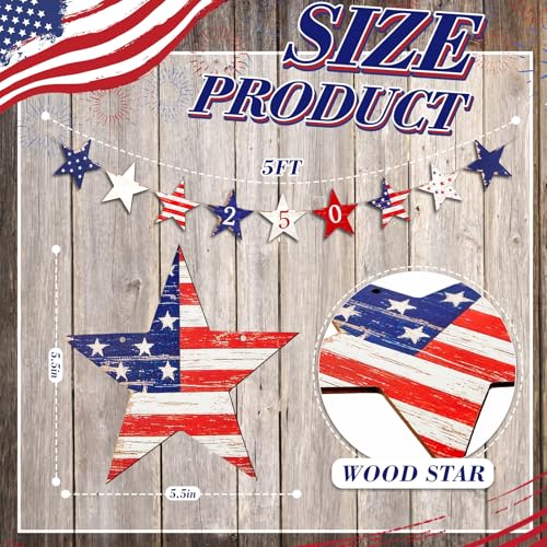 Chumia Patriotic Wooden Star Garland Red White and Blue Bunting for 4th of July
