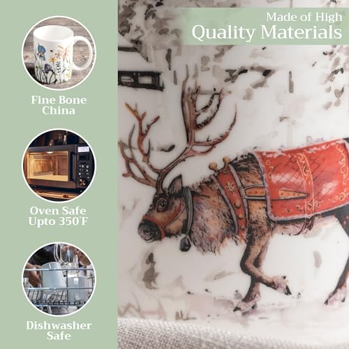European Style Bone China Coffee Mug with Handles - 15 Ounce Christmas Reindeer Variation