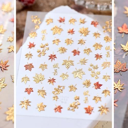 5D Embossed Autumn Maple Leaves Nail Stickers Gold Thanksgiving Decals