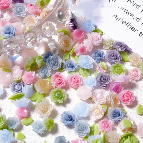 MOLILON 3D Flower Nail Charms Resin Rose and Leaf Art Decoration 100pcs