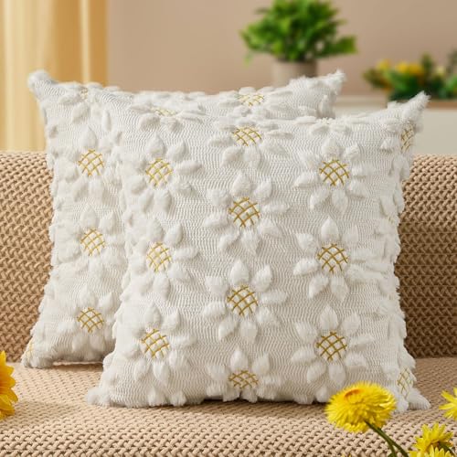 White Sunflower Pillow Covers - 18x18 inch Set of 2 - Cream