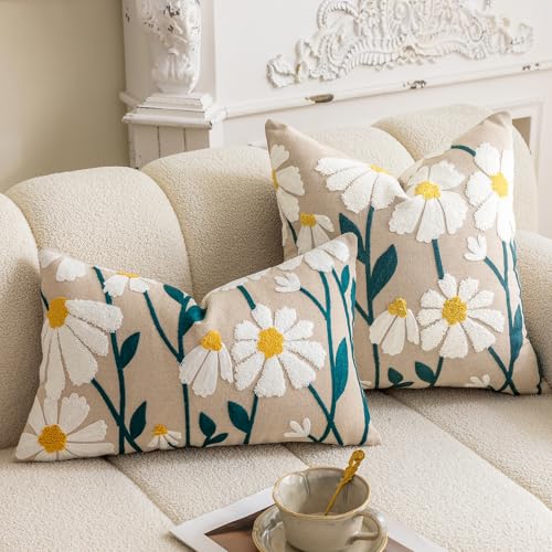 Boho Floral Tufted Throw Pillow Cover 18"x18" - Cotton Cushion for Sofa & Bed (Flower E)