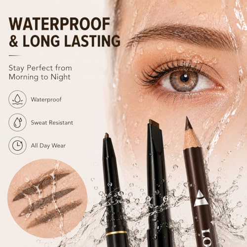 LAVONE 3-Pack Waterproof Eyebrow Pencil with Brush, Long-Lasting Black Brow Pencil Set