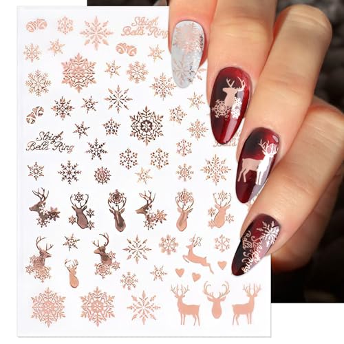 IDDFEVE Christmas Nail Stickers 6 Sheets Rose Gold 3D Snowflake Elk Decals