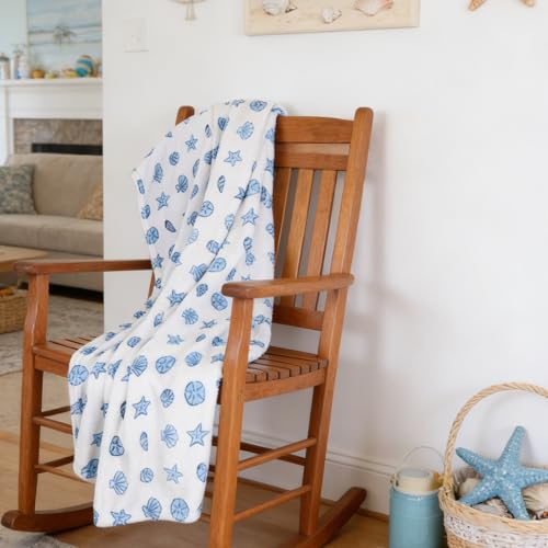 Coastal Ocean Life Flannel Throw Blanket, 50x60 Inch Seashell Beach Decor
