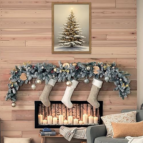 Christmas Tree Wall Decor Framed Snowy Holiday Canvas Art - 24x16 Inches