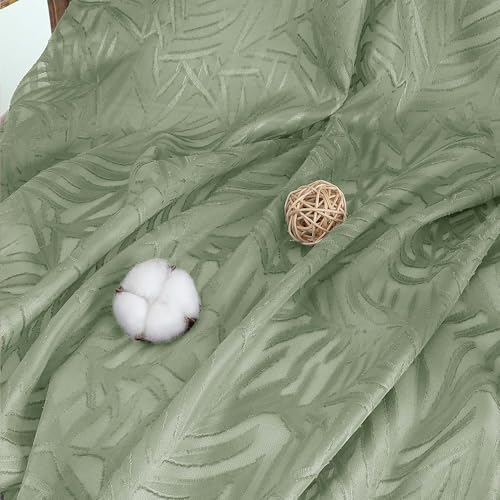 OVZME Sage Green Sheer Curtains 63 Inch Length, Leaf Jacquard 2-Panel Set