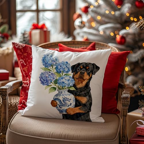 Rottweiler Chinoiserie Hydrangea 18x18 Flannel Throw Pillow Cover (Dog-pillow)