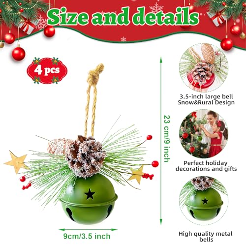 4 Pack Christmas Hanging Jingle Bells Ornaments - Red & Green Rustic Decorations with Frosted Pinecones & Berries