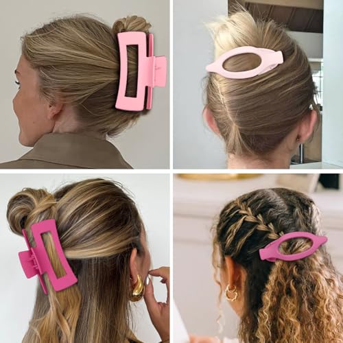 CHANDAT Pink Hair Claw Clips 8 Pcs Large Square & Flat Hair Clips for Thick and Thin Hair