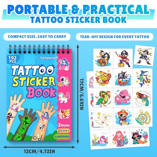 Partywind Glow & Glitter Temporary Tattoos Book for Kids - 192 Styles