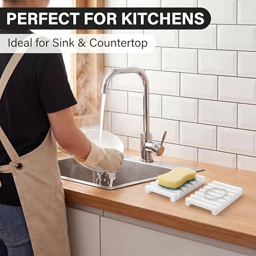 White Slotted Silicone Soap Dish - Self Draining Bathroom & Kitchen Soap Holder, Non Slip, Quick Dry