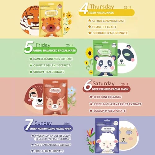 Minfei 7-Pack Animal Character Kids Face Mask Skin Care Hydrating Set