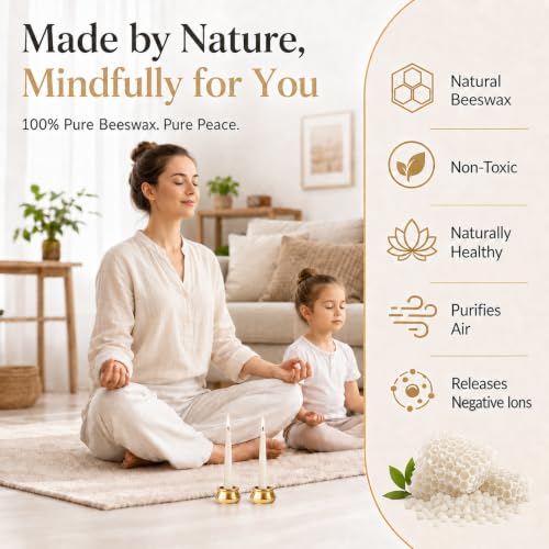 Natural Beeswax Meditation Candles 20 Pack - 3.15 Inch Dripless Ritual Candles with Brass Holder