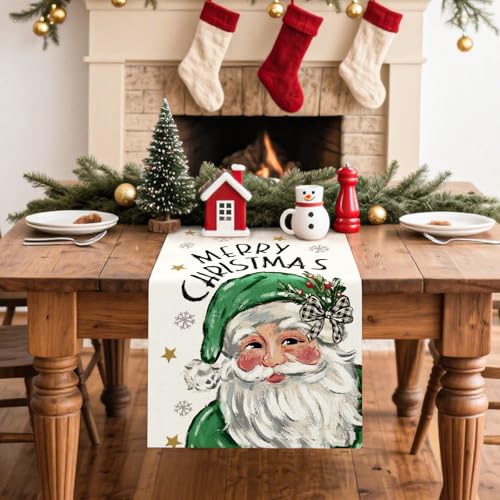 Artscope Christmas Table Runner Santa Claus Snowflakes 13x120 Green