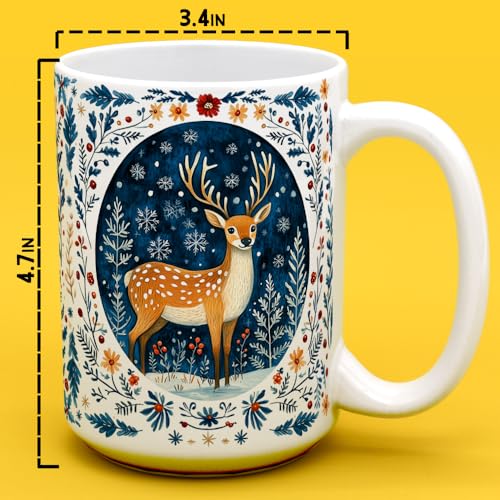 Loftipop Winter Woodland Deer Ceramic Coffee Mug 15oz, Festive Holiday Gift