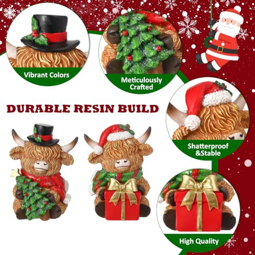 Christmas Highland Cow Figurines Set - Resin Farmhouse Holiday Decorations