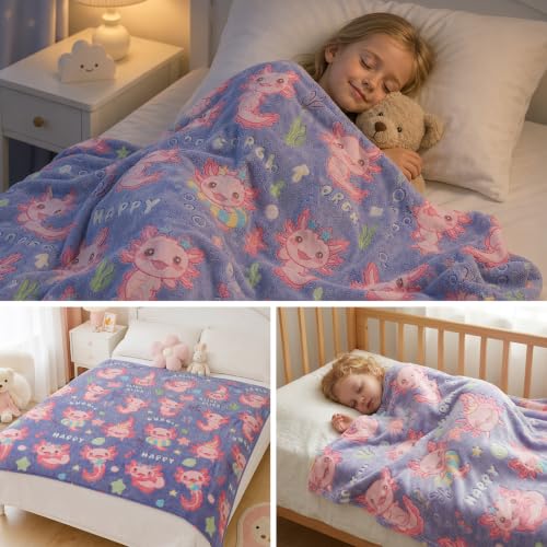 Purple Glow in The Dark Axolotl Throw Blanket 50x60 Inches - Kids Bedroom Decor
