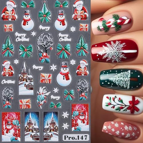 BUNLVDI 4 Sheets Christmas Nail Art Stickers - 3D Self-Adhesive Winter Deer & Snowflake Decals