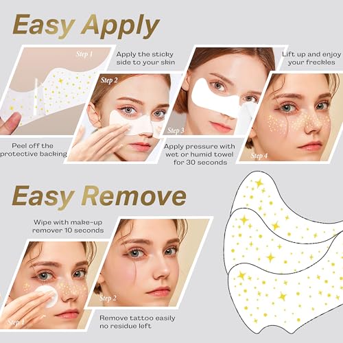 HYPERBEST Gold Glitter Freckles Face Tattoo, 6 Count Star Design Festival Makeup Patches