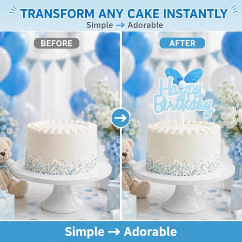 Blue Glitter Bunny Ears Cake Topper for Kids Birthday Party