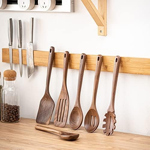 Gudamaye 12-Inch Black Walnut Wooden Cooking Spoons - 6-Piece Long Handle Utensil Set