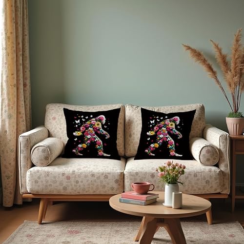 Bigfoot Pillow Cover 18x18 - Boho Floral Sasquatch Decor
