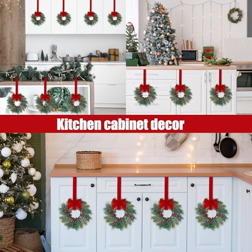Christmas Mini Wreath for Cabinets - Green Norfolk Frosted Pine with Ribbon Bows & Red Berries, 9 Inch