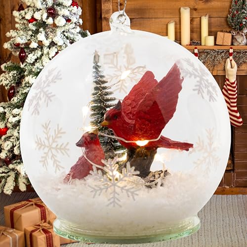 Lighted Cardinal Christmas Ornament - 4 Inch Snow Globe with Red Cardinals