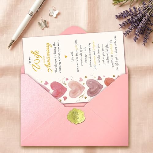 BRYUBR Romantic Watercolor Heart Anniversary Card for Wife from Husband - 8x5.3 Inches with Envelope & Sticker