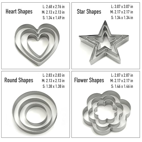 Stainless Steel Cookie Cutters Set of 12 - Heart, Flower, Star Shapes