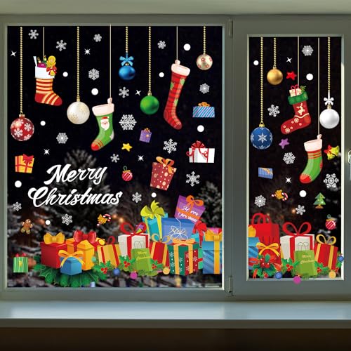 Christmas Window Clings Set - Holiday Snowflakes & Ornaments, 6 Sheets, 11.8 x 11.8 inches