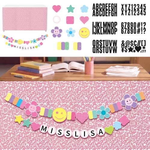 Pink Teacher Desk Skirt Wrap with Smile Face Banner - 71"x24"