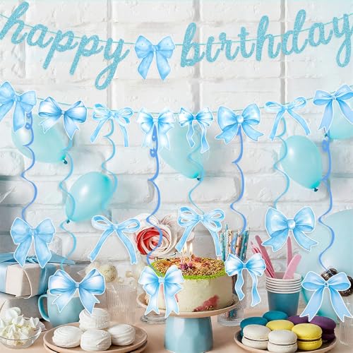 Blue Bow Birthday Party Decoration Set with Banner and Hanging Swirls