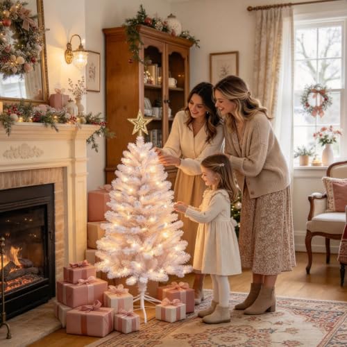 4FT White Artificial Christmas Tree with Warm White String Lights - Small Holiday Tree - Dream Loom - White Variation