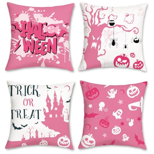 Pink Halloween Pillow Covers Set of 4 - 18x18 Inches Velvet