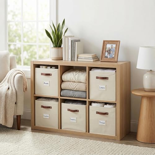 DECOMOMO Fabric Storage Bins - 10.5" x 11" Cube Bins with Labels (2pcs, Beige)