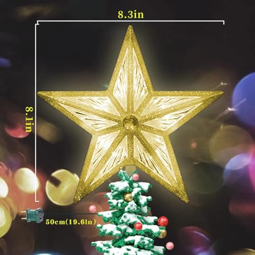 8-Inch LED Christmas Tree Topper - 3D Gold Glitter Star, Warm White