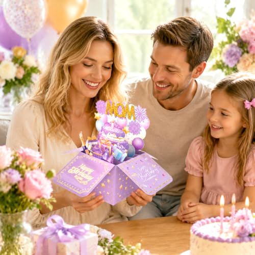3D Pop Up Birthday Card for Mom - Purple and Gold Cake Design with Envelope