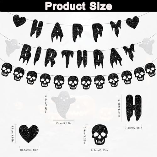 Black Halloween Happy Birthday Banner with Skull Garland Decorations