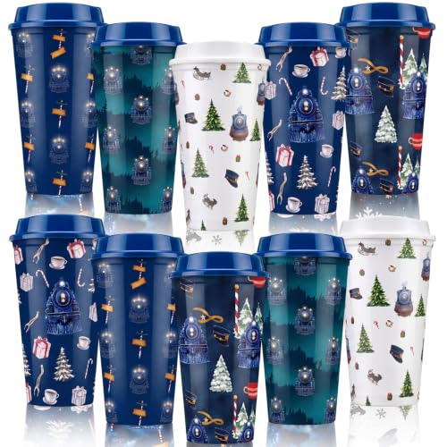 Christmas Train Plastic Coffee Cups 16 oz with Lids - 25 Pack - Blue Winter Design