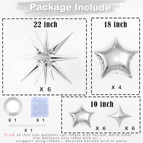 22 Pcs Silver Star Balloons - 22/18/10 Inch Foil Mylar Set