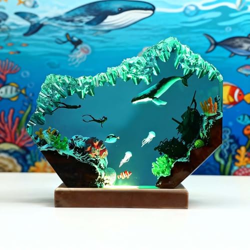 Drawelry Handmade Ocean Resin Lamp with Whale Diorama - Marine Underwater Decor, USB Powered, Coral Reef & Fish Scene for Bedroom & Desk - Whale Variation