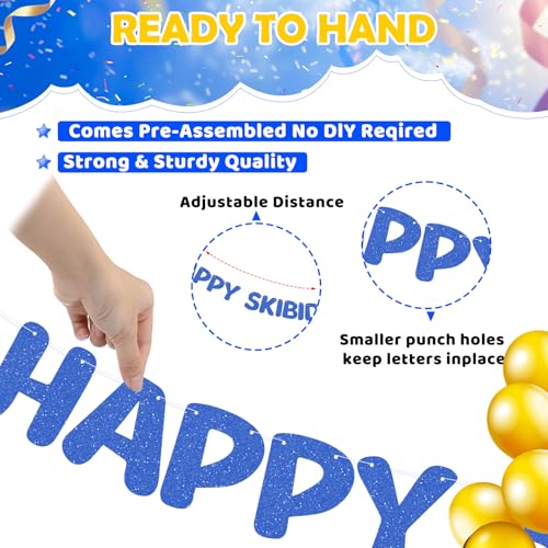 Happy Skibidi 12th Bday Bruh Glitter Banner Dark Blue Party Decoration
