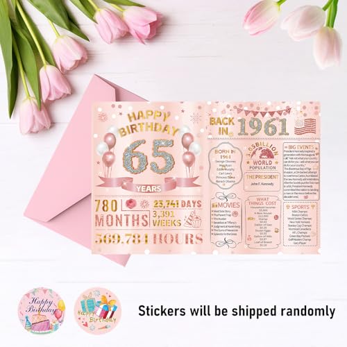 HOMANGA Rose Gold 1961-65 65th Birthday Card for Women with Envelope & Stickers