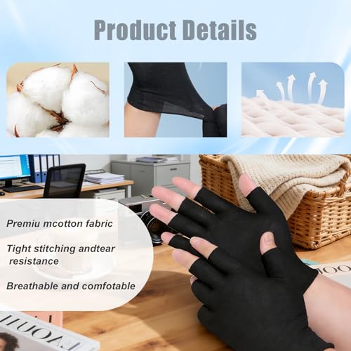 Eiodoni 3 Pairs Black Fingerless Cotton Moisturizing Gloves for Eczema