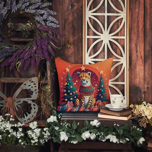 Cheetah Christmas Fabric Decorative Pillow - 18x18 Inches, Machine Washable, Indoor Outdoor Cushion with Variation Cheetah 1176