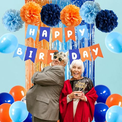 Blue and Orange Party Decorations Set with Balloons Banner Pompoms Fringe Curtain