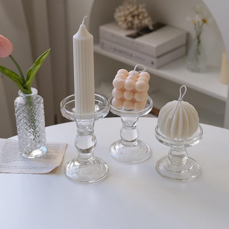 Skiennix Crystal Glass Candle Holders - Elegant Clear Pillar Taper Design for Weddings & Parties | Small Size