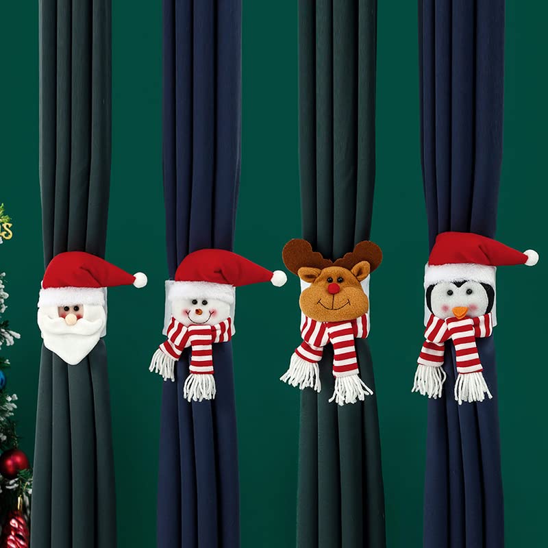 Christmas Curtain Buckle Set with Snowman Santa Elk Penguin Holiday Holdbacks - 4 Pcs